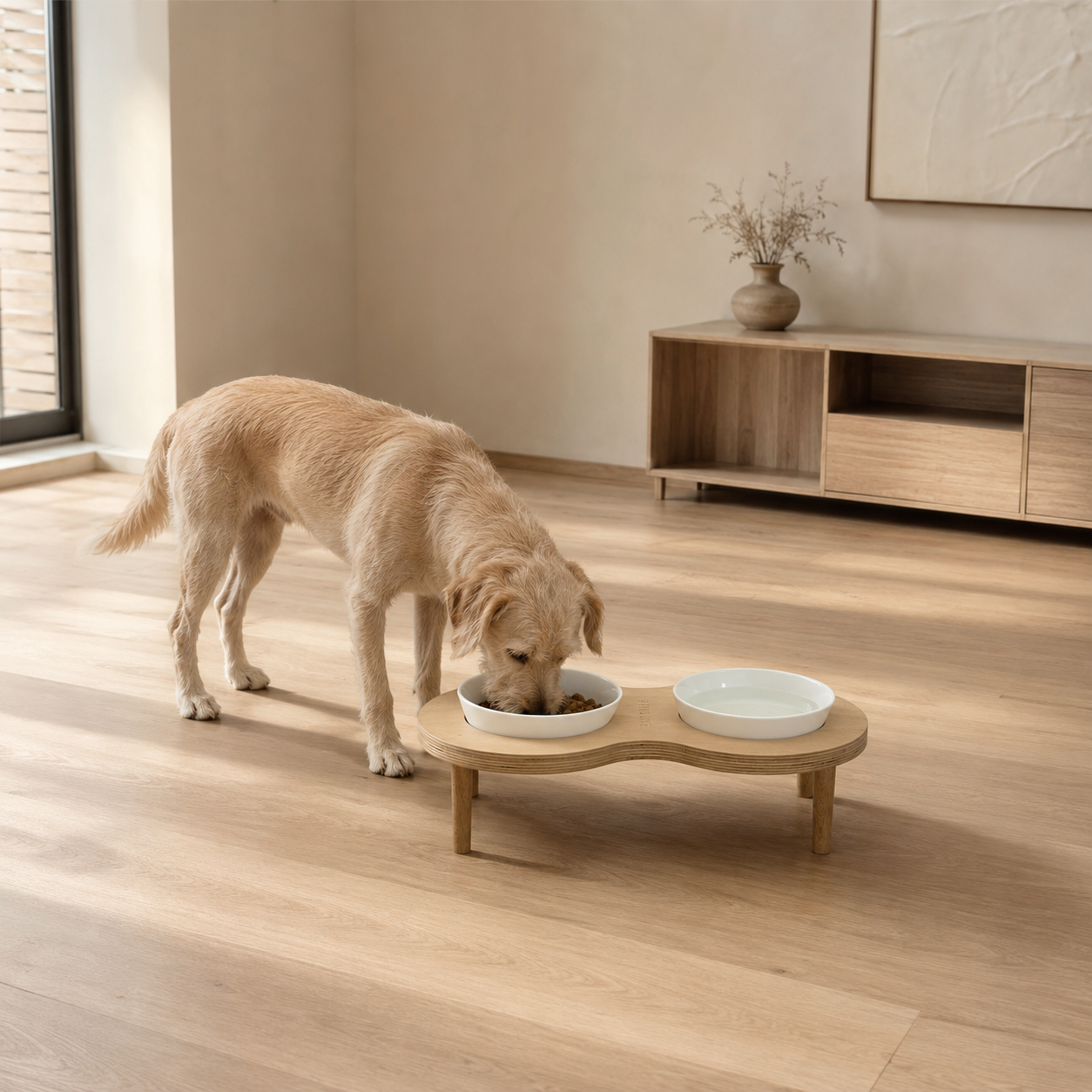 The ARCH raised feeder from the side, turned wooden legs lifting both bowls to a kinder height for cats and dogs.