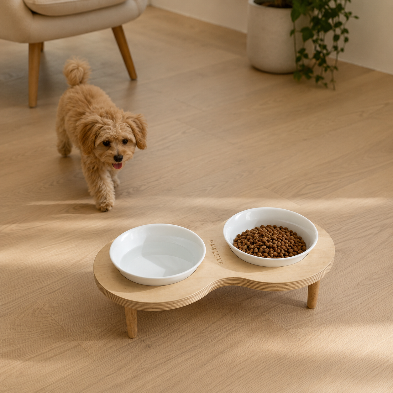 ARCH raised bowls styled in a minimal dining corner, an elevated feeder for cats and dogs.
