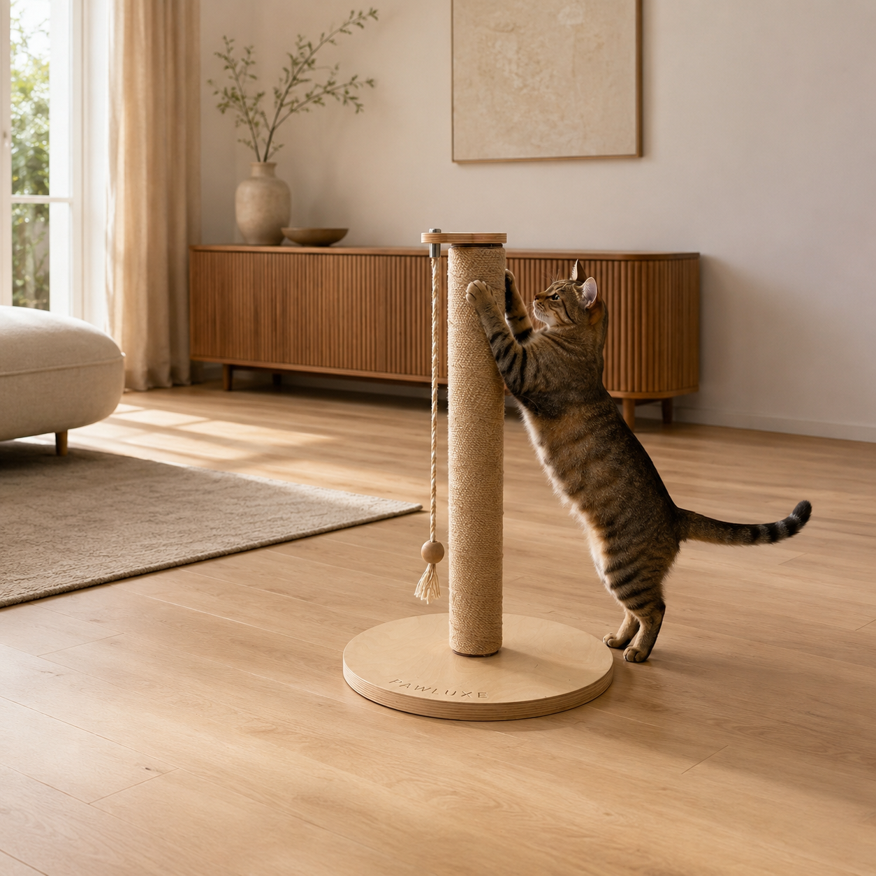 The ARIS Classic sisal cat scratching post, a firm woven column for a cat to reach up and dig into.