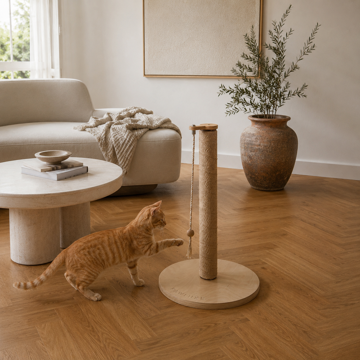 Detail of the natural sisal winding on the ARIS Classic cat scratching post, the grip closest to tree bark.