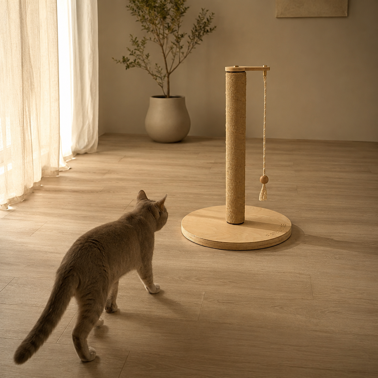 The ARIS Classic modern cat scratching post on its weighted birch base, with the hanging toy at the top arm.