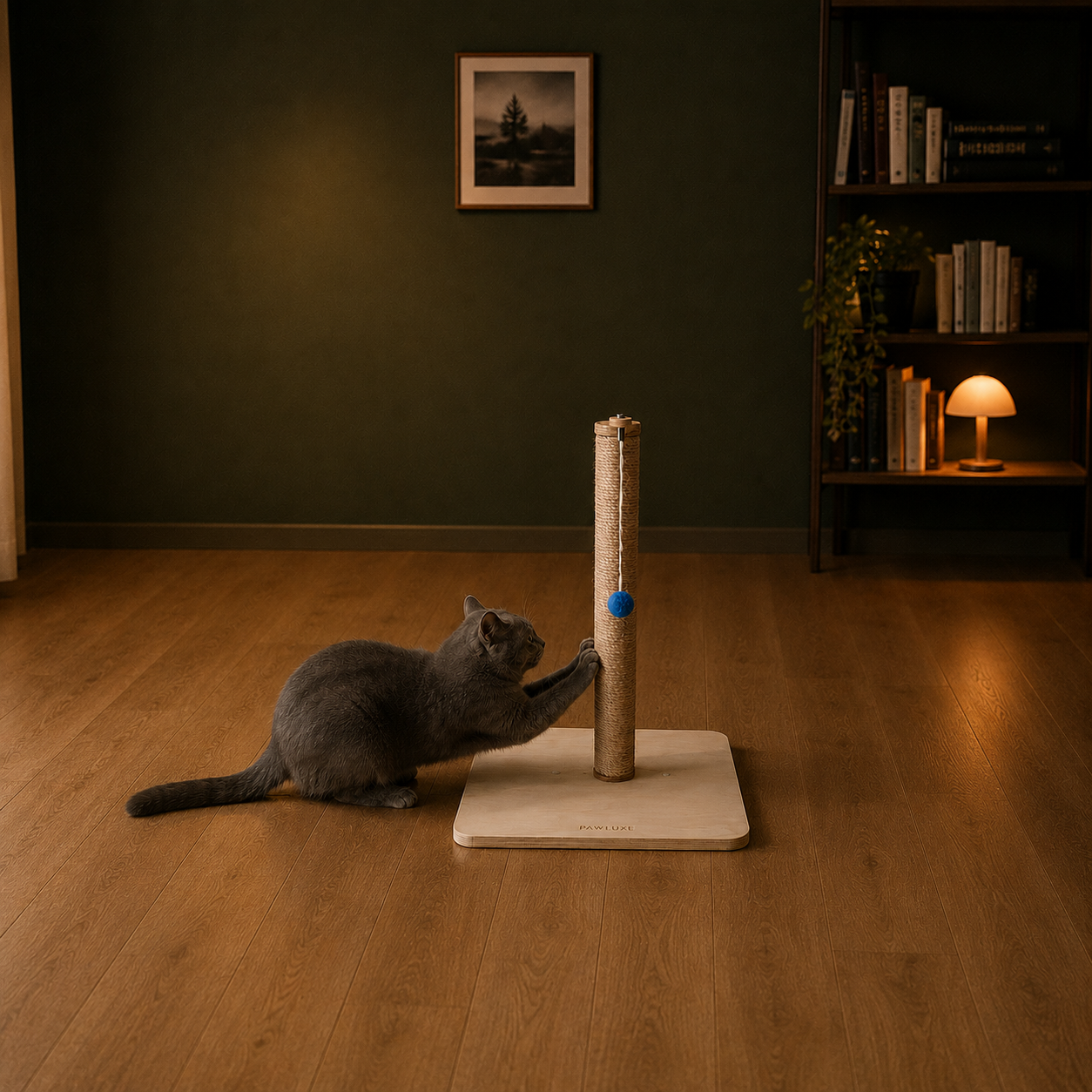 A grey cat crouched scratching the base of the PawLuxe ARIS Performance sisal rope cat scratching post, deep green wall and warm evening light behind.