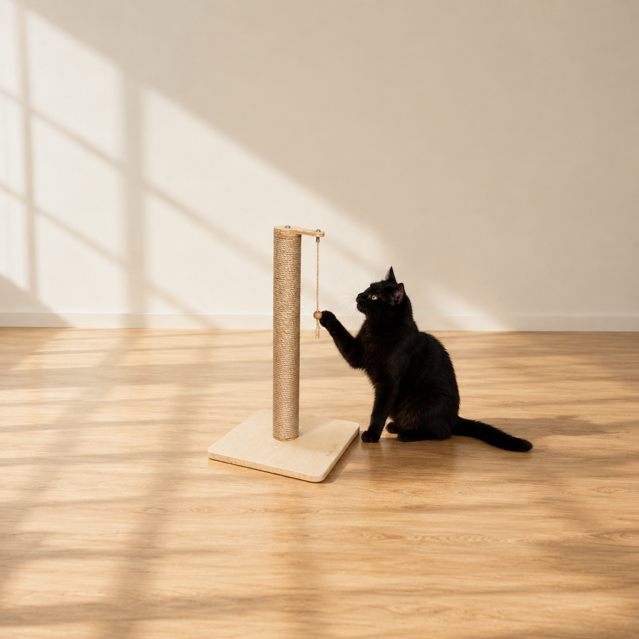 A black cat sitting upright batting the small wooden bead toy hanging from the PawLuxe ARIS Performance rope scratching post, bright sunlit minimal room.