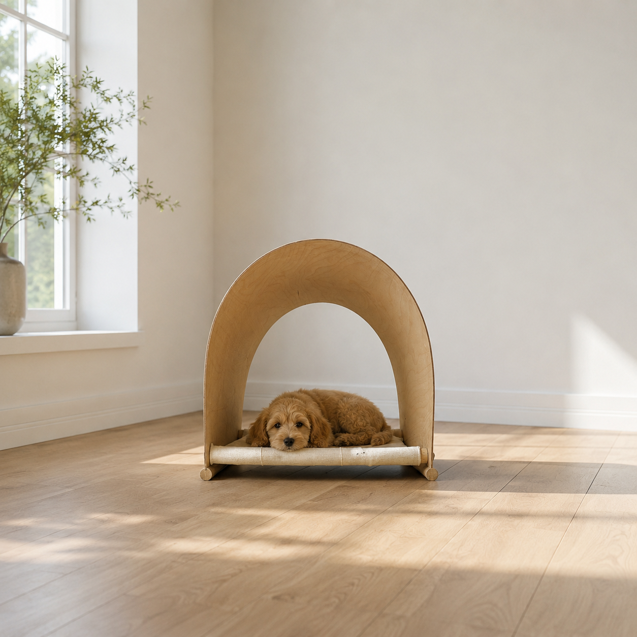 AURA, an open birch cat house for cats, toy and small breeds, in a warm modern room.