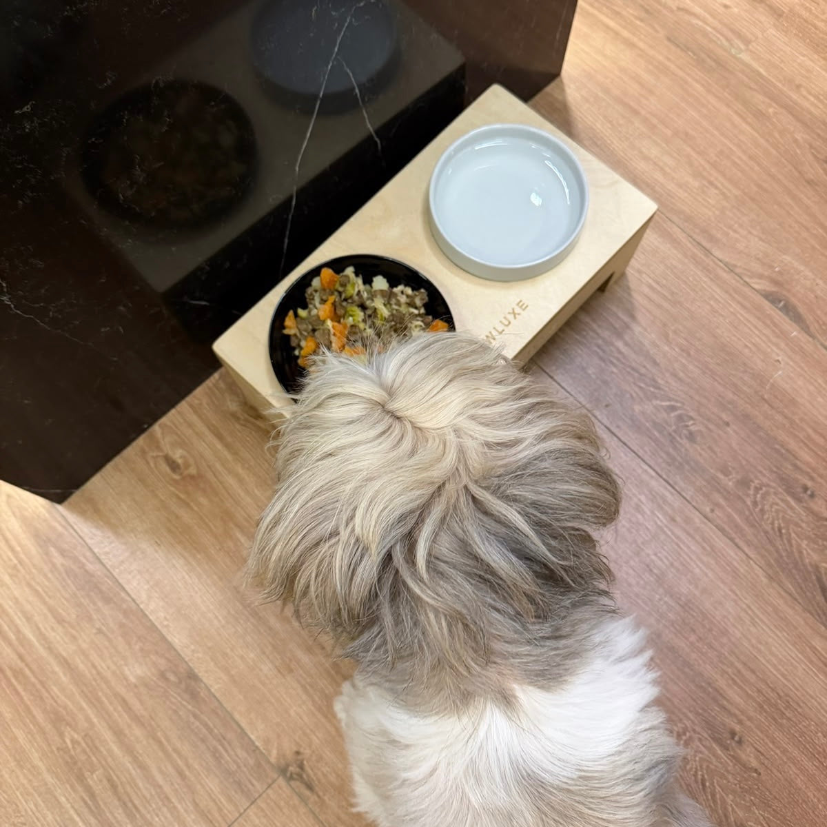 Freska eating from FRAME at home, a black and a white ceramic bowl set into the birch top.