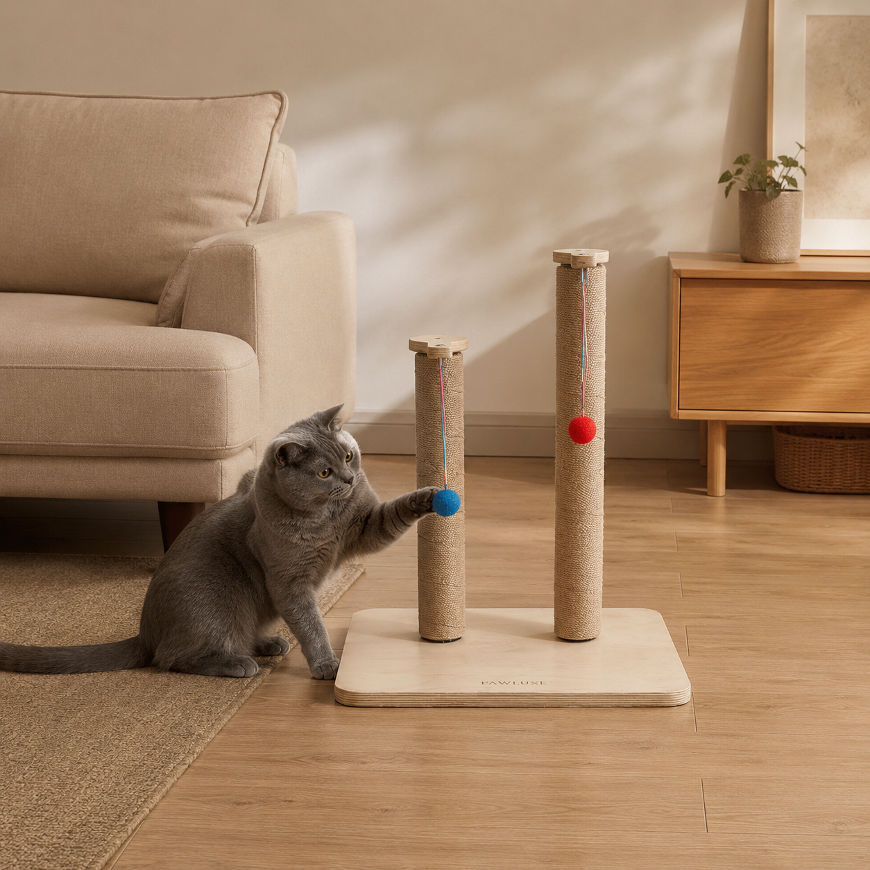 A grey cat sitting beside the PawLuxe DUAL twin post cat scratcher batting the hanging blue ball toy on the shorter post, warm modern living room.