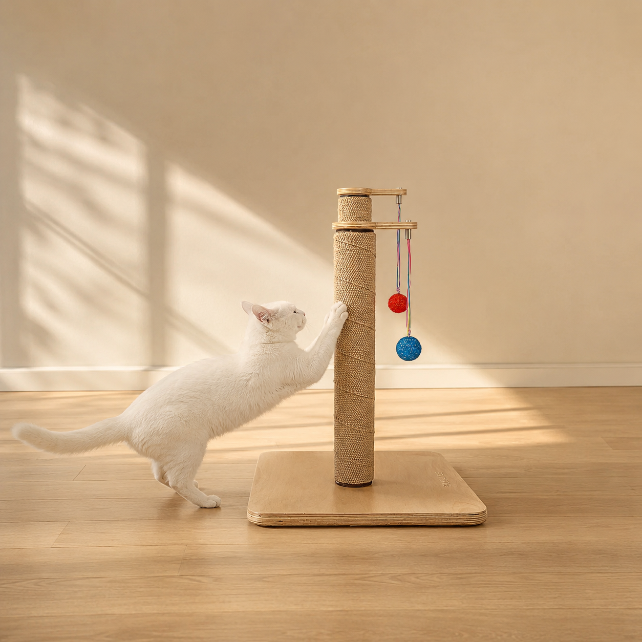A white cat stretching up to scratch the PawLuxe DUAL cat scratcher seen from the side, both hanging ball toys in view, bright minimal room.