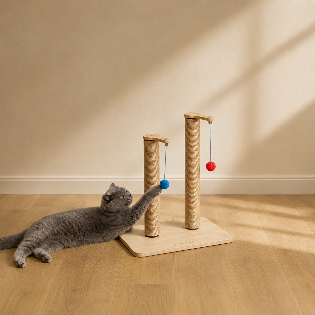 A grey cat lying on the wooden floor reaching up to bat the blue ball toy on the PawLuxe DUAL twin post cat scratcher, plain warm wall behind.