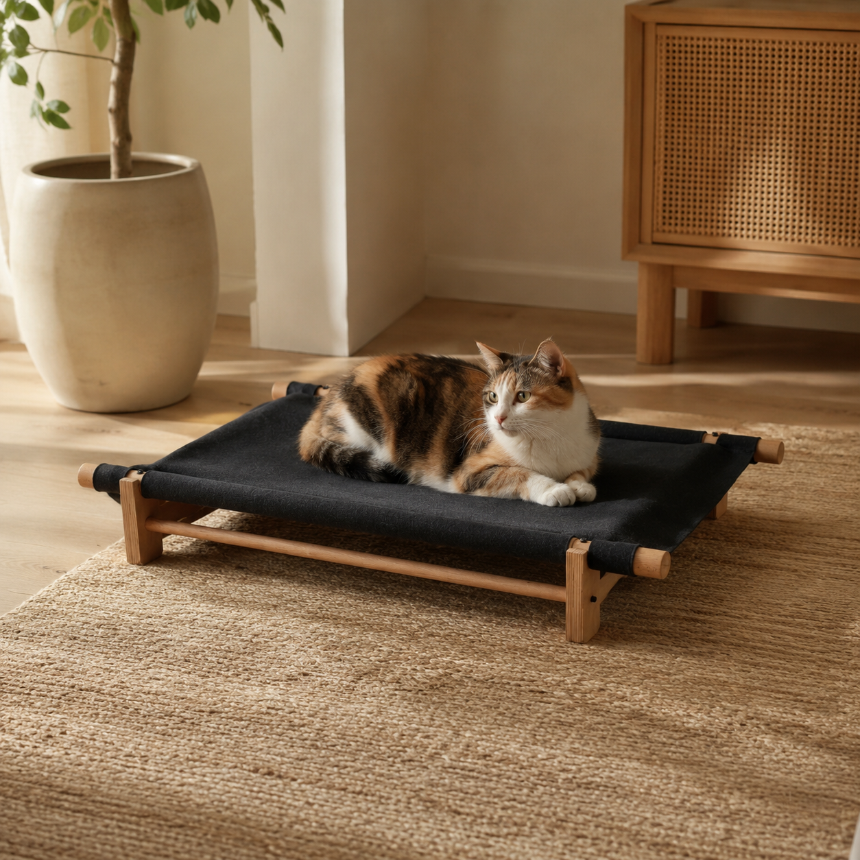 Side view of the ELARA raised dog bed, light birch and a slung cushion, by PawLuxe.