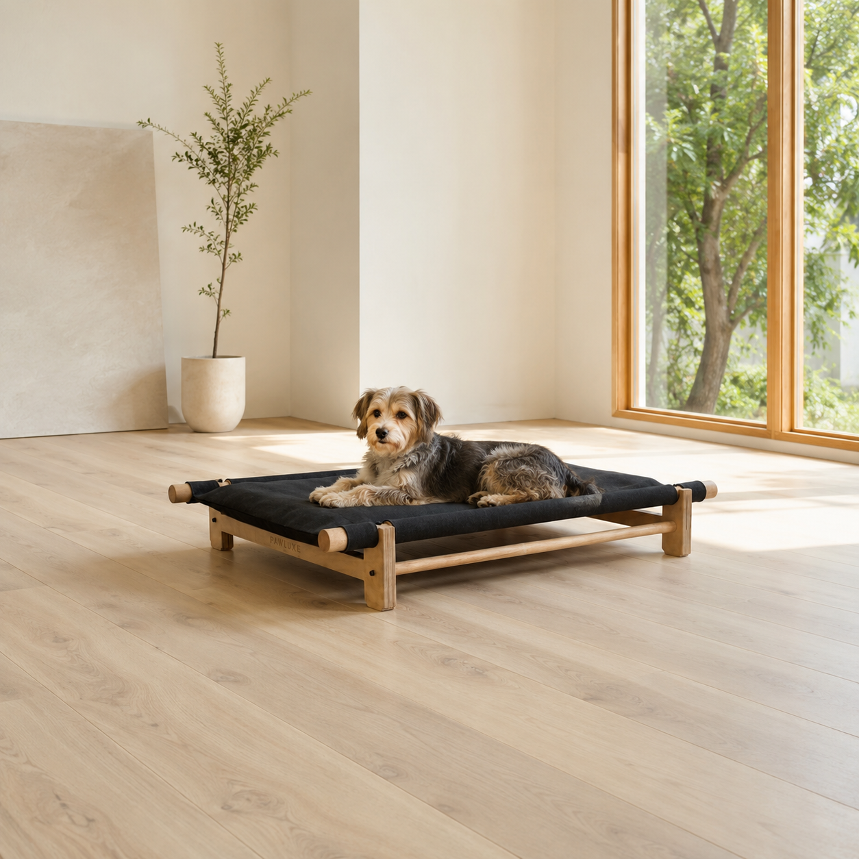 The ELARA elevated bed in a modern room, an airy raised bed for cats and small dogs.