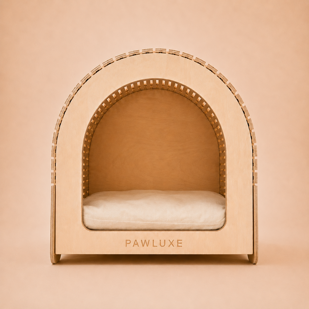 The FERY vault, curved kerf-cut birch slats and an arched doorway, a modern wooden cat house by PawLuxe.