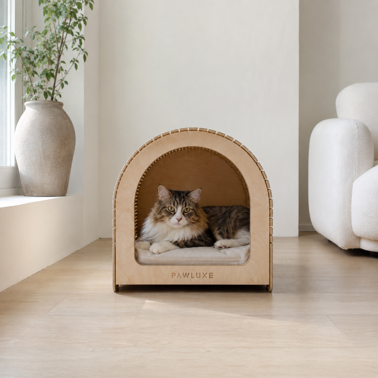 FERY, an arched slatted cat house for cats, toy and small breeds, in a warm modern room.
