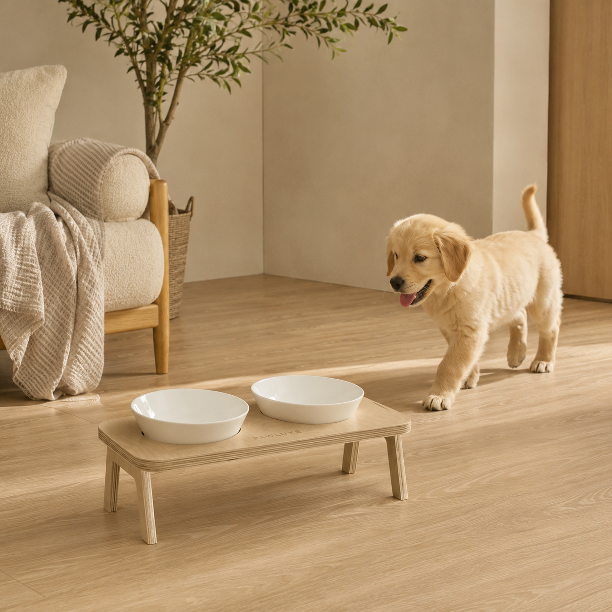 FORM raised dog and cat bowls styled in a warm minimal room, lifted clear of the floor.