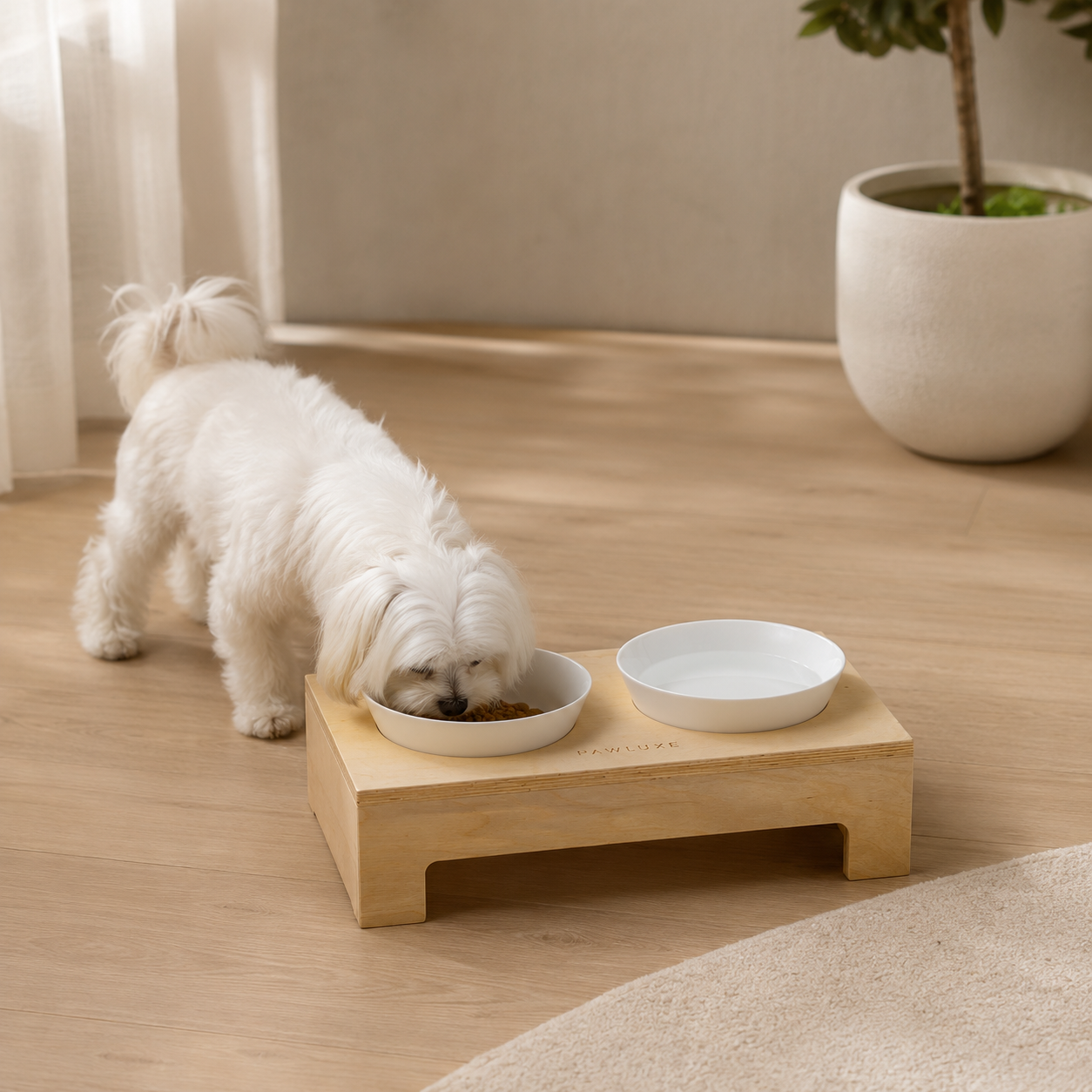 A small white dog eating from the PawLuxe FRAME raised birch feeder, two glazed bowls set into the top, in a bright room.