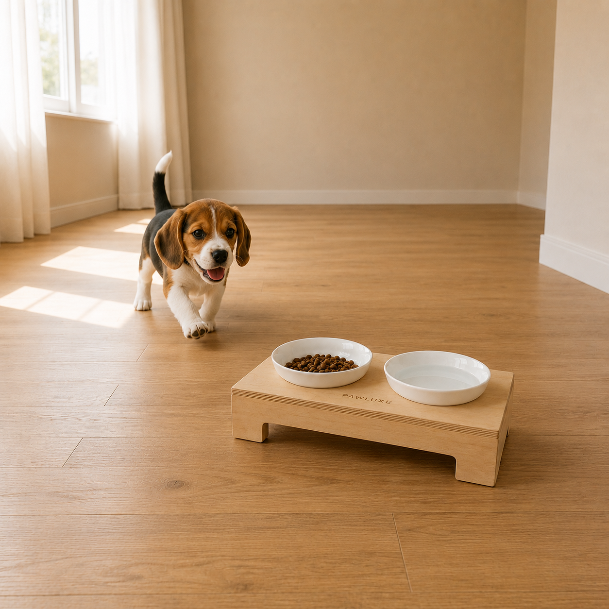 A beagle puppy running toward the PawLuxe FRAME raised feeder, two ceramic bowls set into the low birch deck, in a sunlit room.