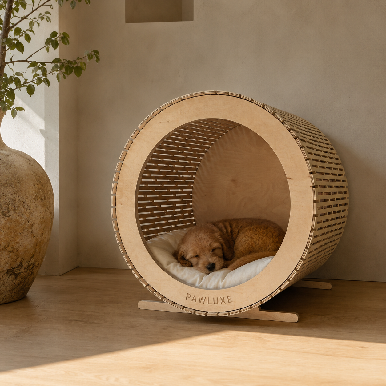 GIGI, a sculptural slatted cat house for cats and small breeds, in a warm modern room.