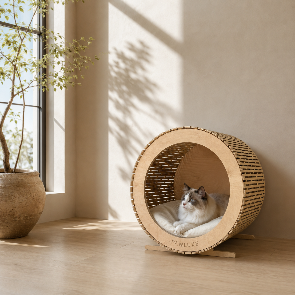 The louvred birch body of the GIGI cat house, light and air passing through.