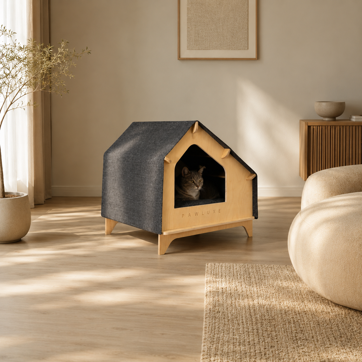 PawLuxe INDY, a raised birch dog and cat house on legs with a peaked linen roof, on orthopedic foam.