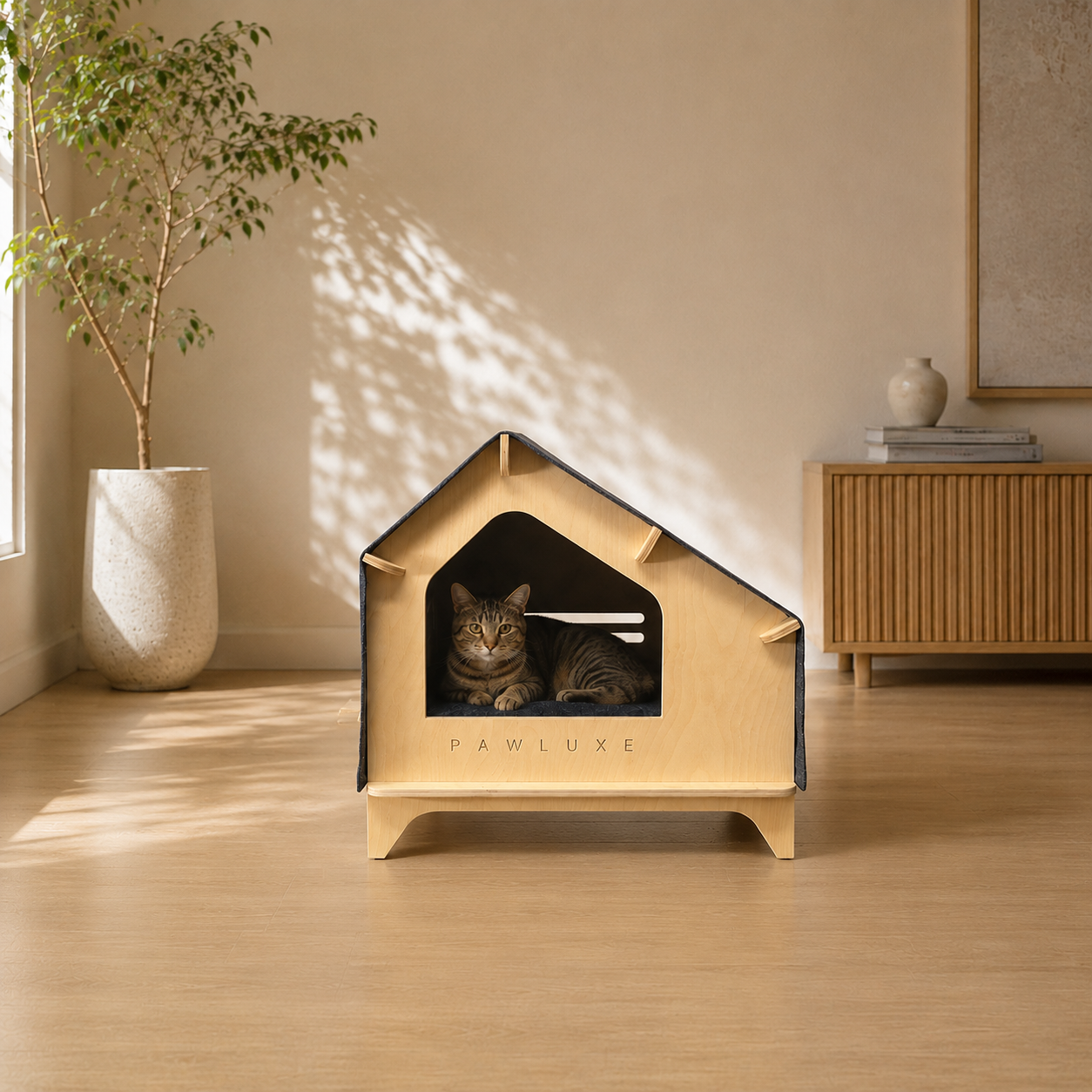 The INDY house lifted on its own legs, a modern wooden dog house with a house-shaped doorway, by PawLuxe.