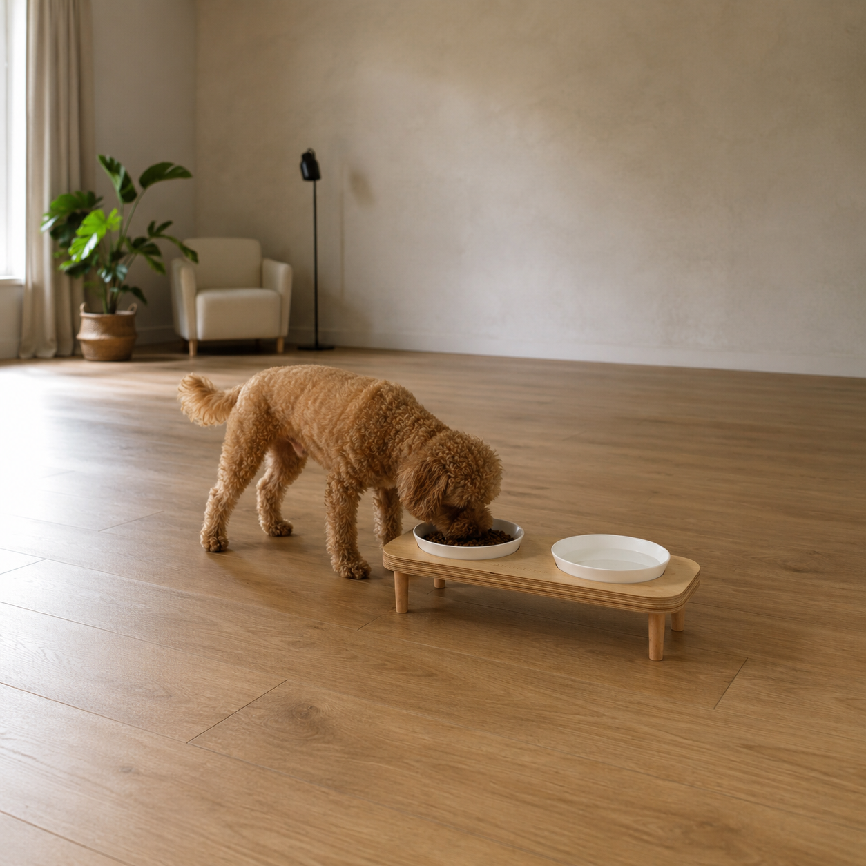 The LINEAR raised feeder from the side, straight dowel legs fixed firm, bowls lifted to a kinder height, made in Egypt by PawLuxe.