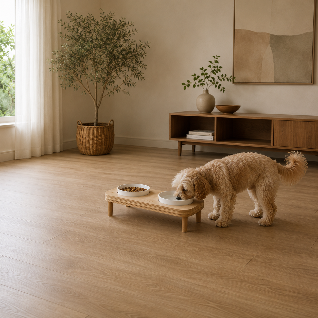 LINEAR elevated dog and cat bowls styled in a soft minimal room.