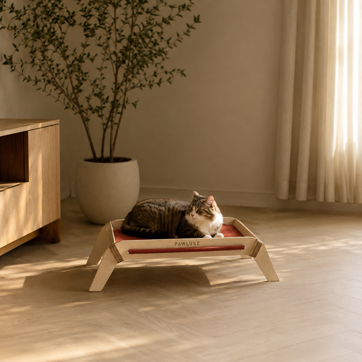The LINO elevated dog bed, a slim cushion set into the birch tray.