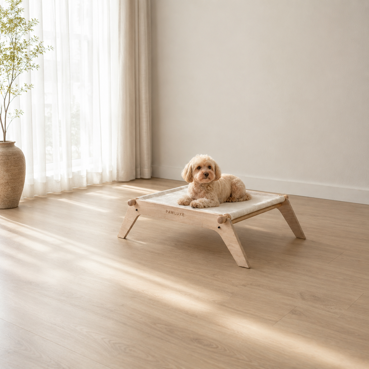 The LUMA sling bed, a slim cushion slung between angled birch sides, made in Egypt by PawLuxe.