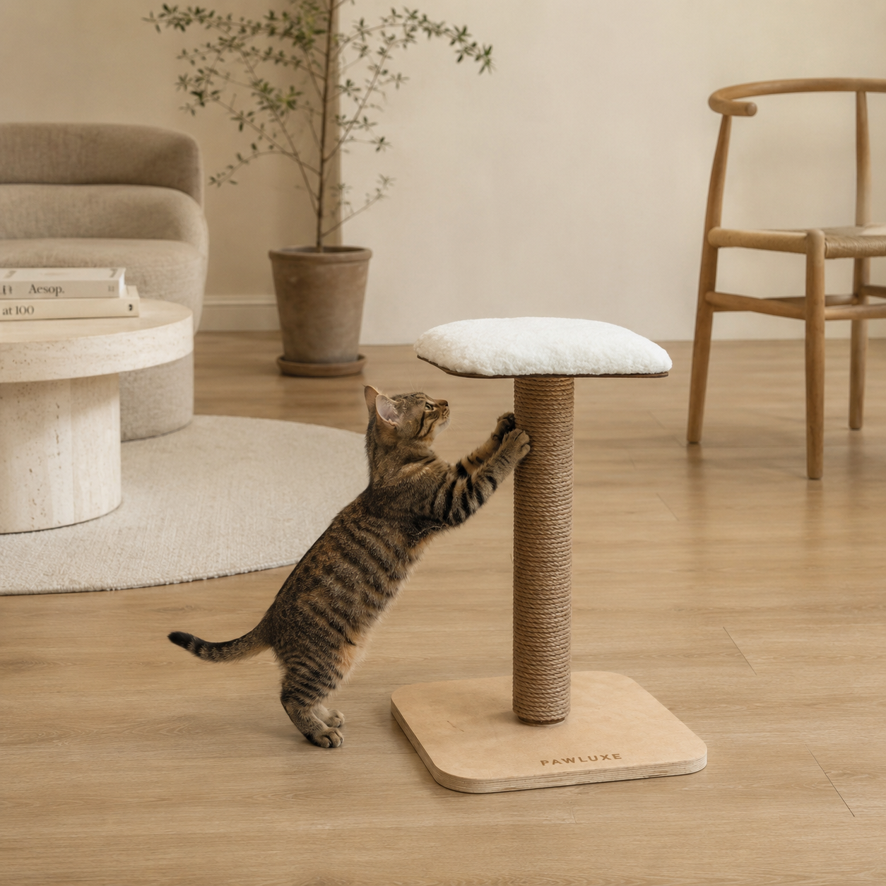 A tabby cat reaching up to scratch the sisal rope post of the PawLuxe LYRA cat scratching post, white fleece perch above, in a warm minimalist room.