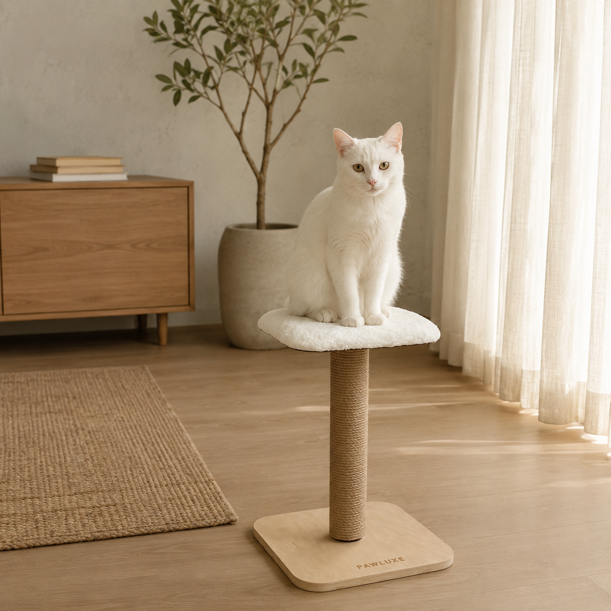 A white cat sitting on the fleece perch of the PawLuxe LYRA sisal cat scratching post, square plywood base with PawLuxe engraving, soft daylight.