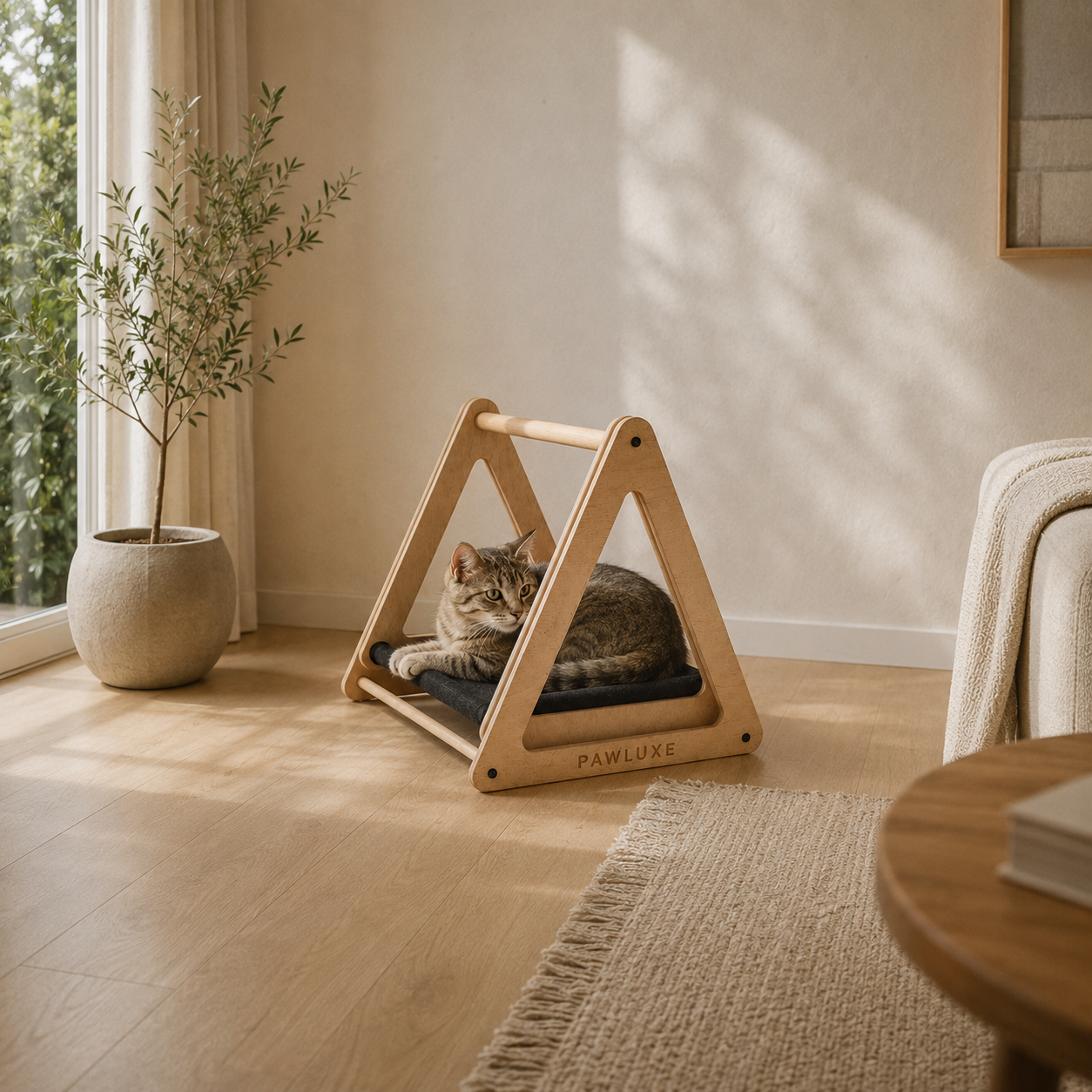 The cradle of the MERY swing in its open birch frame, lifted off the floor.