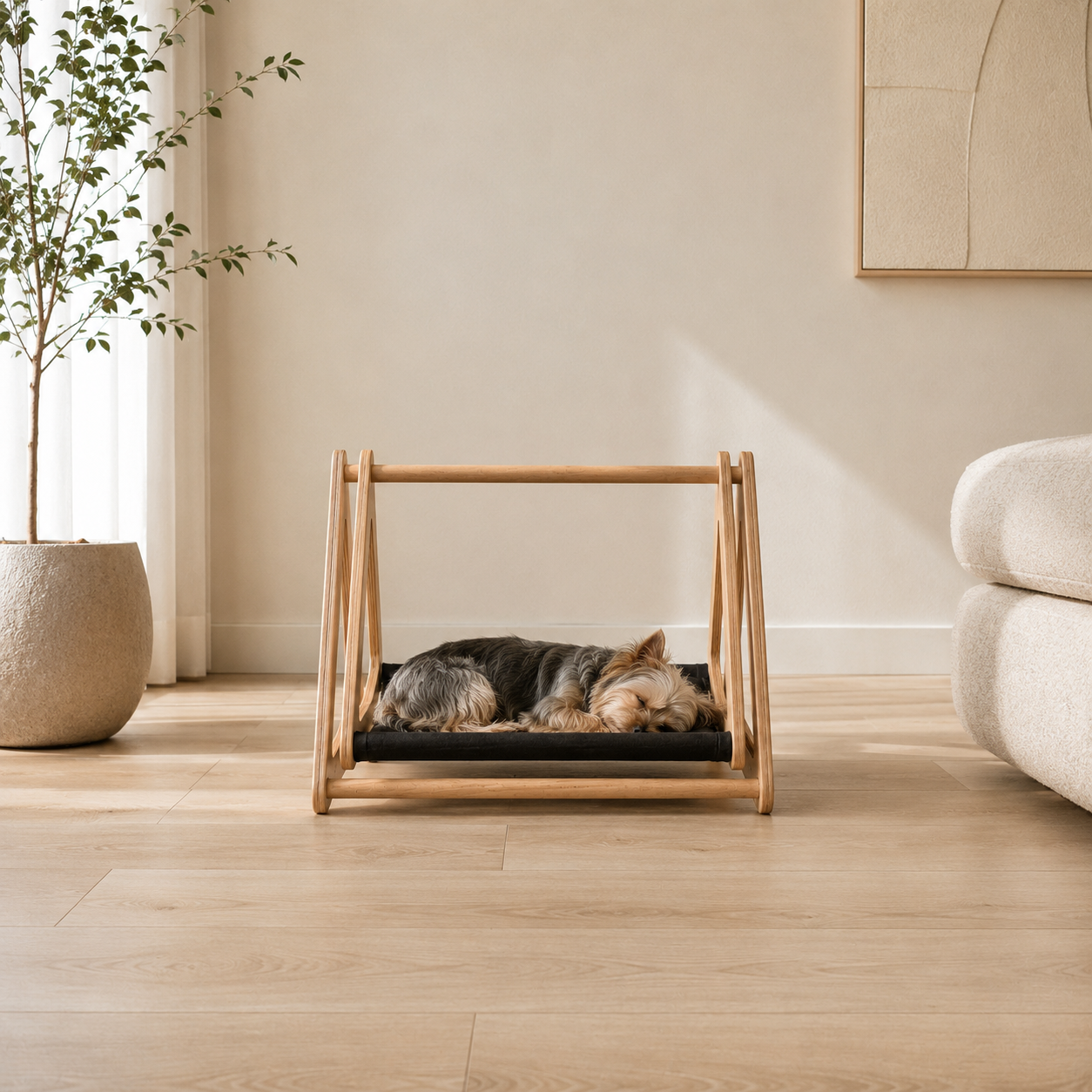 Side view of the MERY A-frame swing bed and its rocking cradle, by PawLuxe.