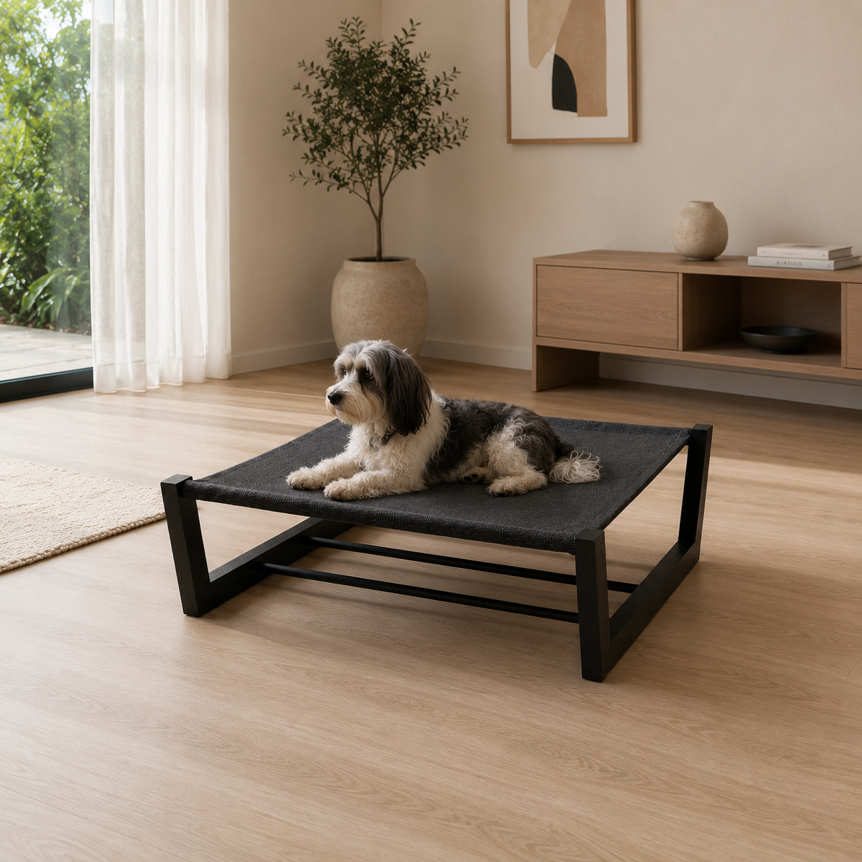 Side view of the ONYX raised dog bed, birch frame and a black sling, by PawLuxe.