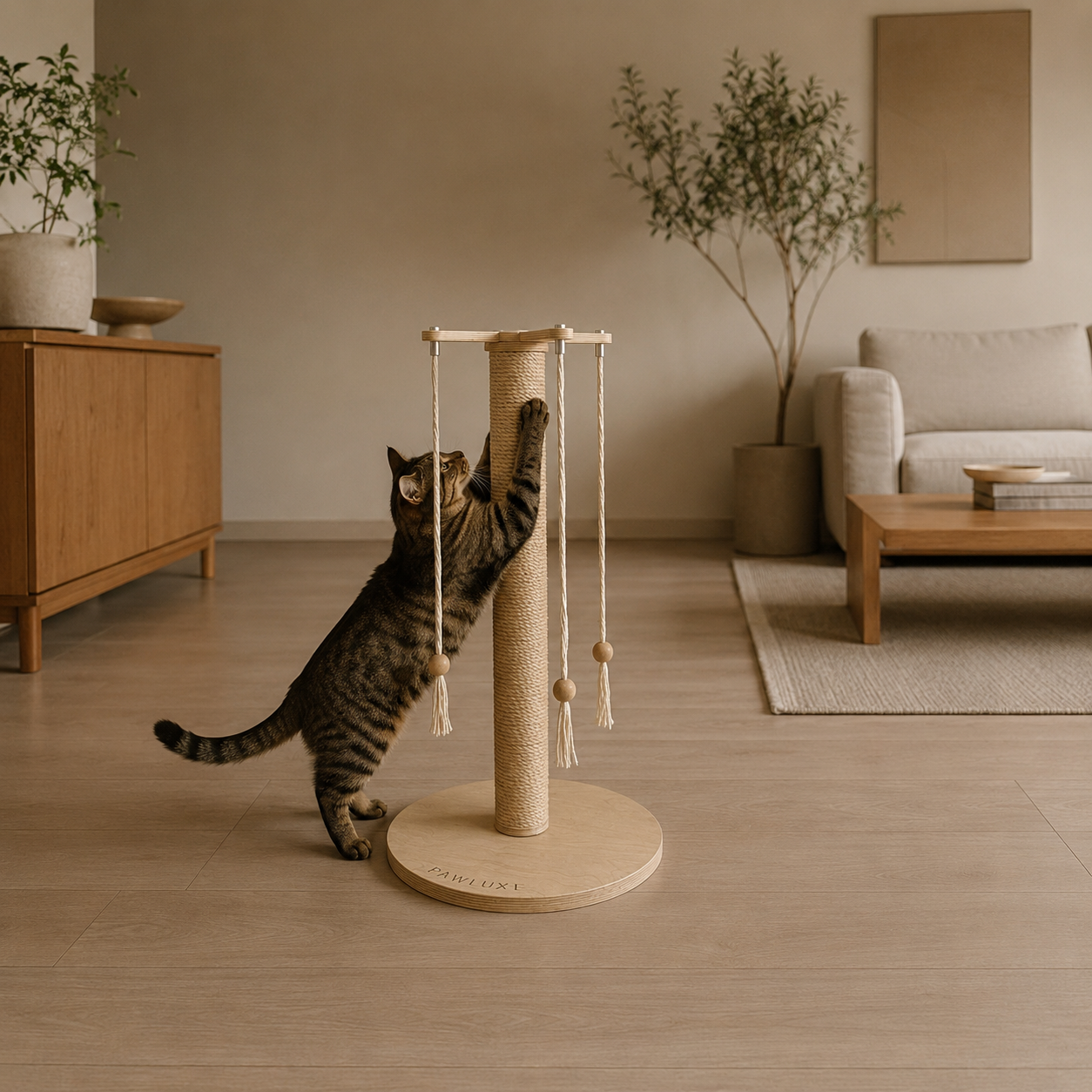 The ORBIT sisal-rope cat scratching post, a coarse column for a cat to rake and dig into.