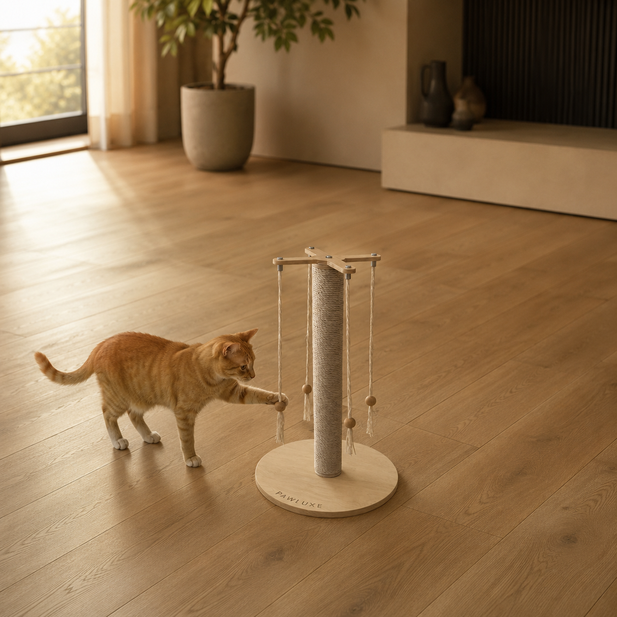 The four toys swinging from the cross arm of the ORBIT cat scratching post, within a paw's reach.