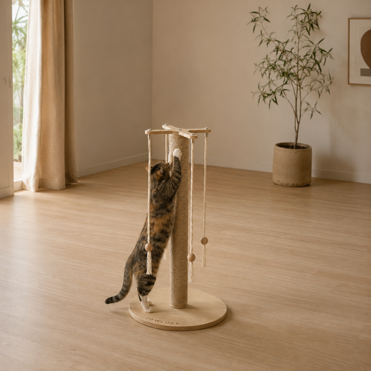 The ORBIT modern cat scratching post with hanging toys on its round wooden base.