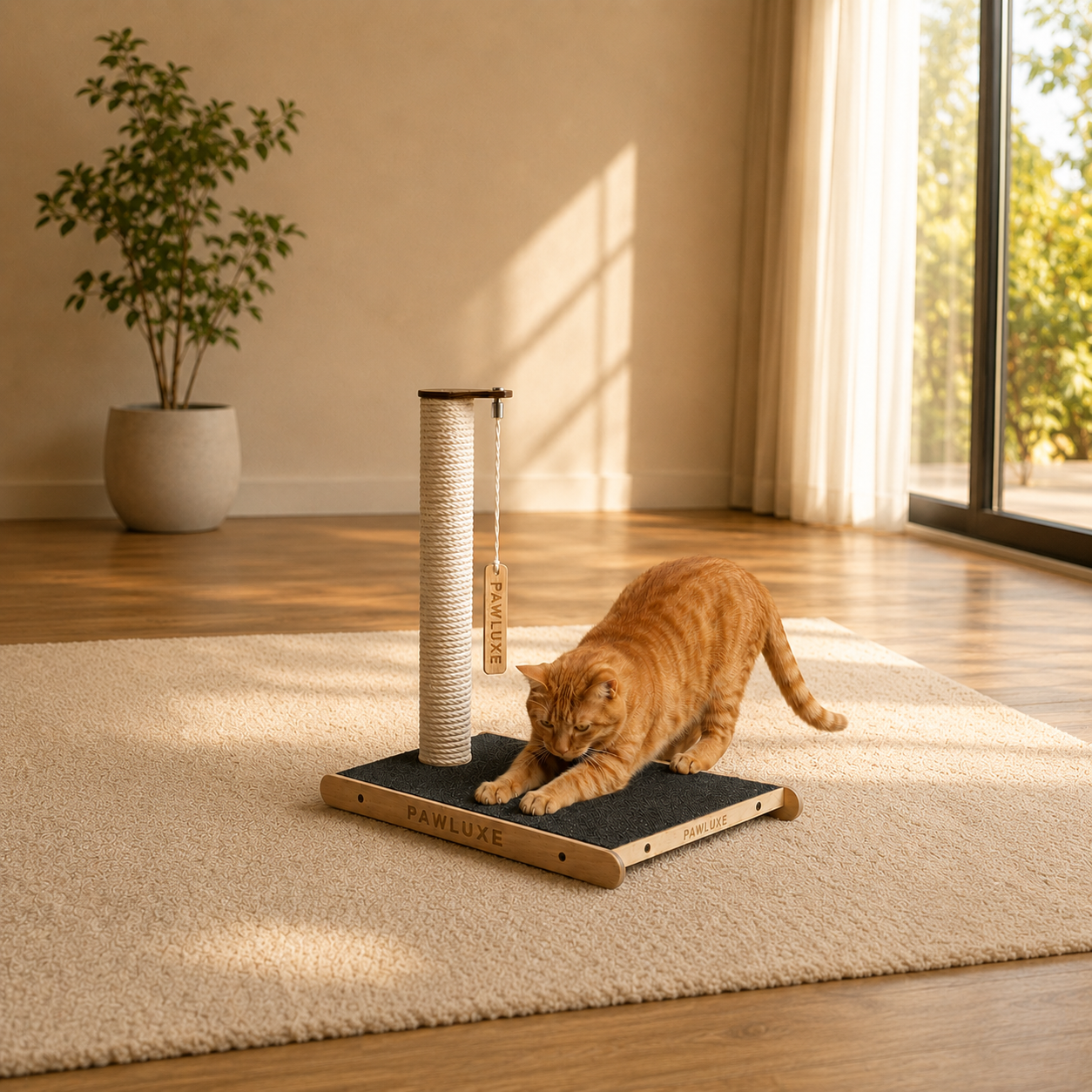 A ginger cat stretching to scratch the charcoal carpet mat of the PawLuxe ORIA Classic cat scratcher, white rope post with the hanging PawLuxe tag, warm sunlit room.