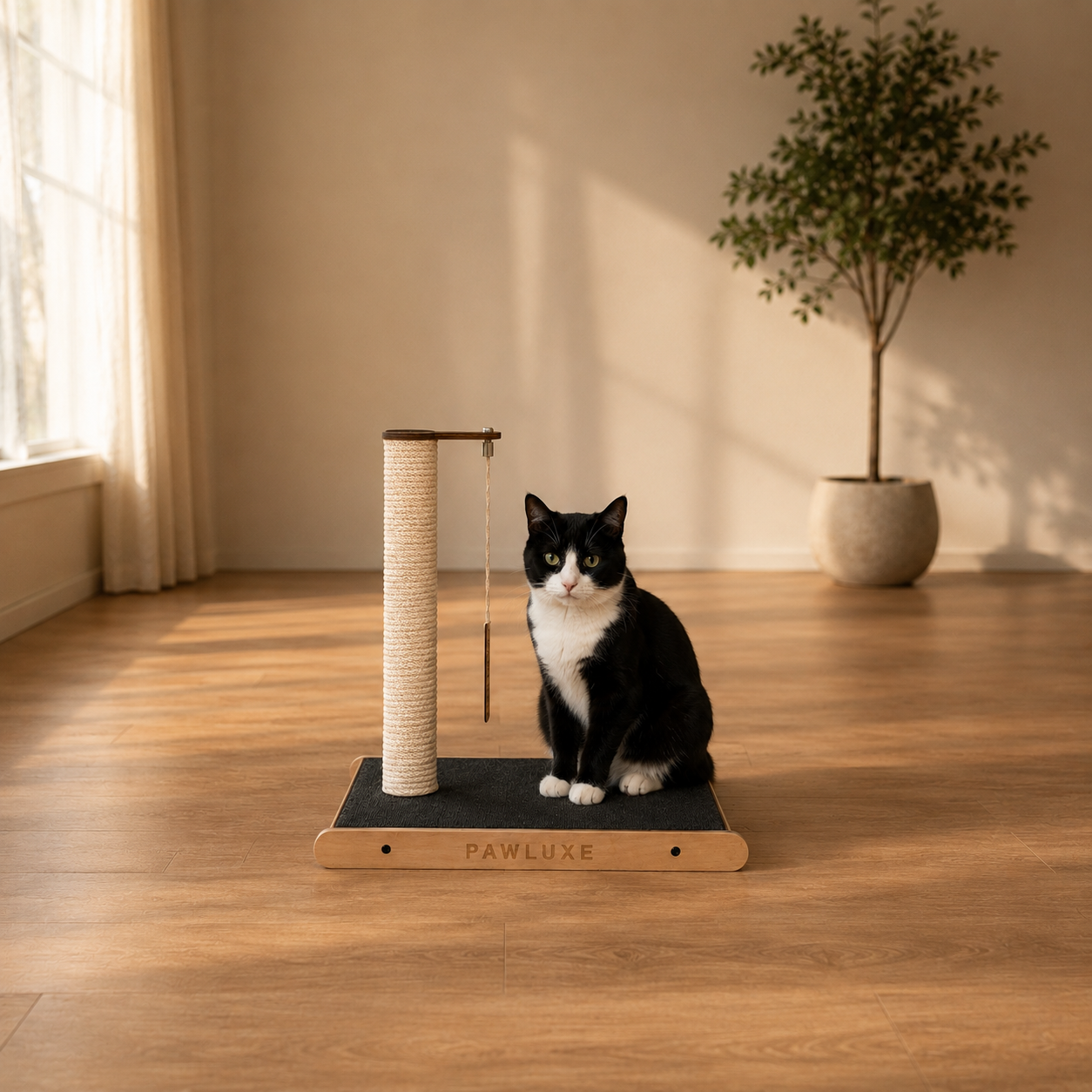A black and white cat sitting on the charcoal carpet mat of the PawLuxe ORIA Classic cat scratcher beside the white rope post, warm minimalist room.