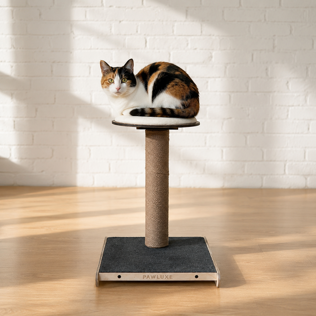 A calico cat sitting curled on the round cushion perch of the PawLuxe ORIA Perch cat scratcher, white brick wall and soft morning light.