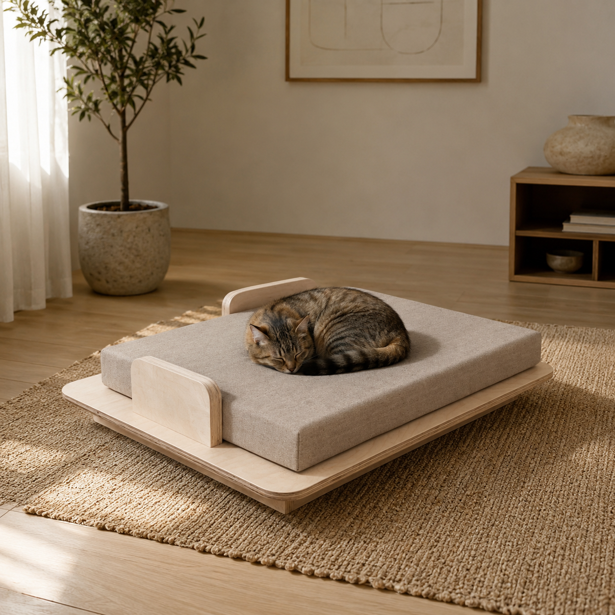 A tabby cat curled asleep on the PawLuxe ORION platform bed in a warm minimal room.