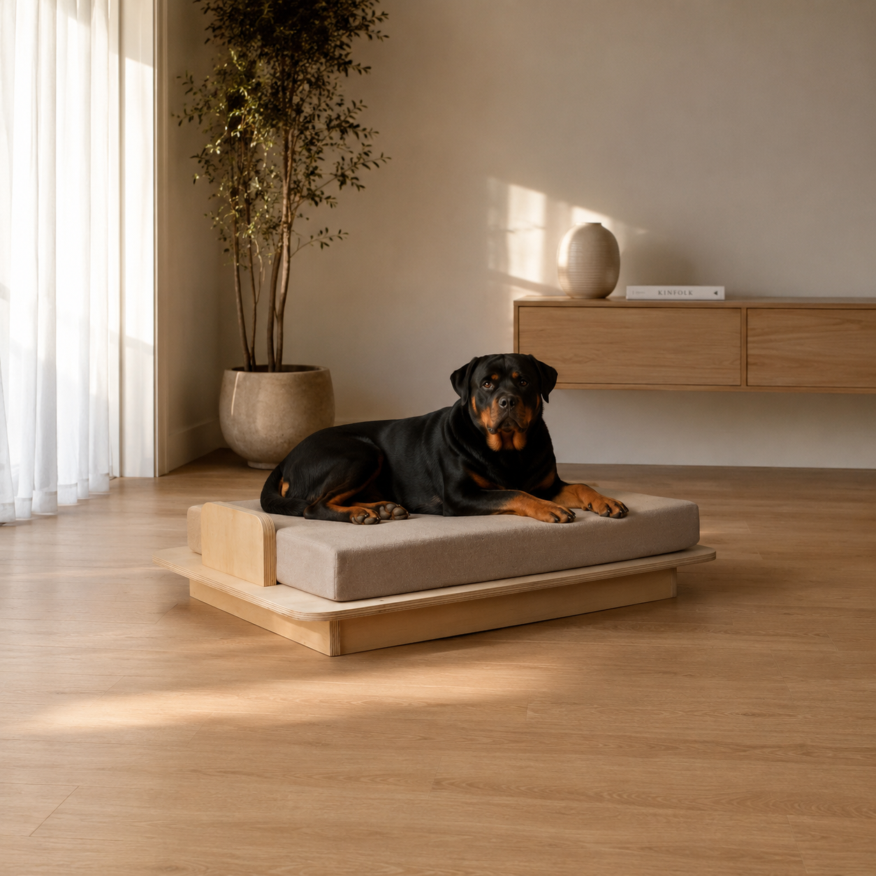 A Rottweiler resting on the PawLuxe ORION orthopedic platform bed in a warm minimal room.