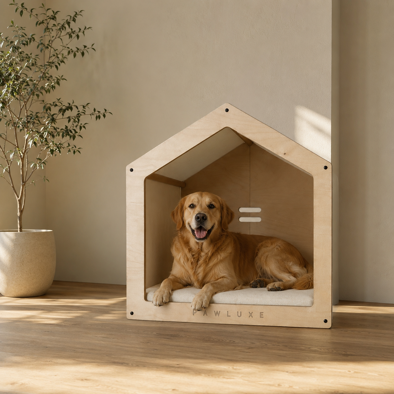 A golden retriever resting on the cream cushion inside RO, the largest indoor dog house by PawLuxe, in a warm modern room.