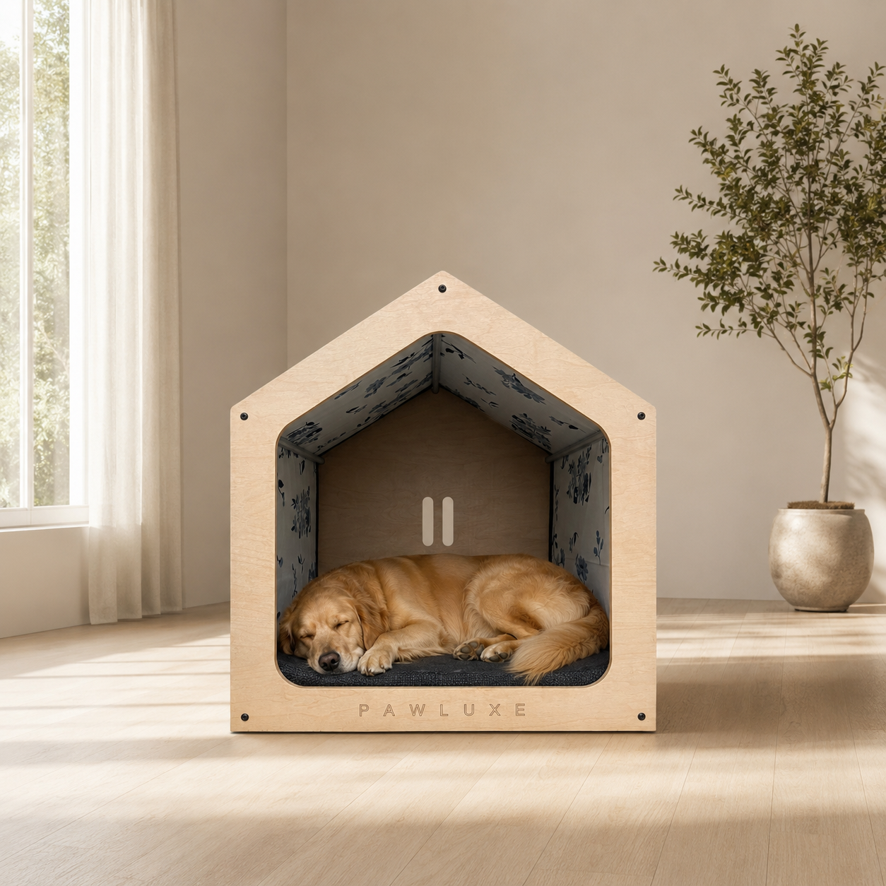 PawLuxe RO, a large modern house for cats and dogs, shown from another angle in a warm minimal room.