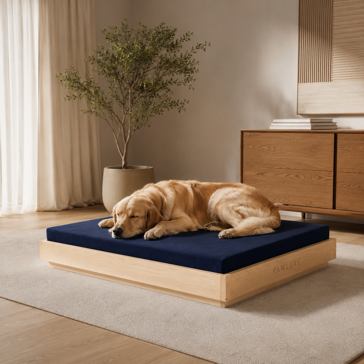 The SERENE dog bed, a deep cushion on a solid birch base, made in Egypt by PawLuxe.