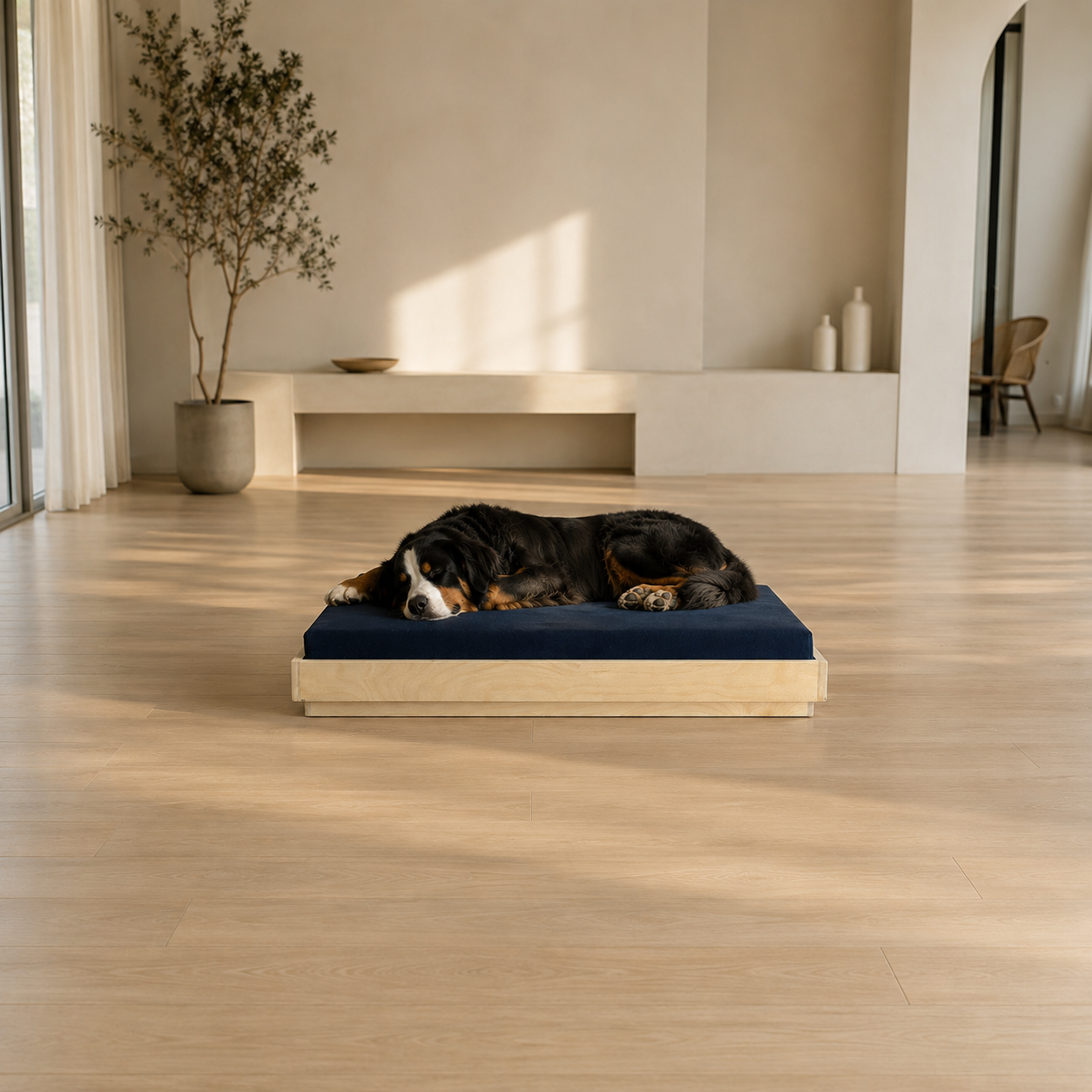 SERENE, a low orthopedic bed for the largest dogs, in a spacious modern room.