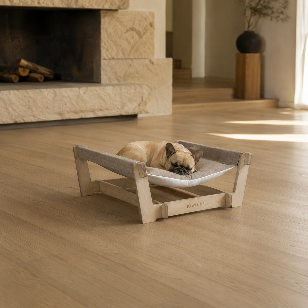 SWIFT, a deep hammock cat bed for cats and small dogs, in a warm modern room.