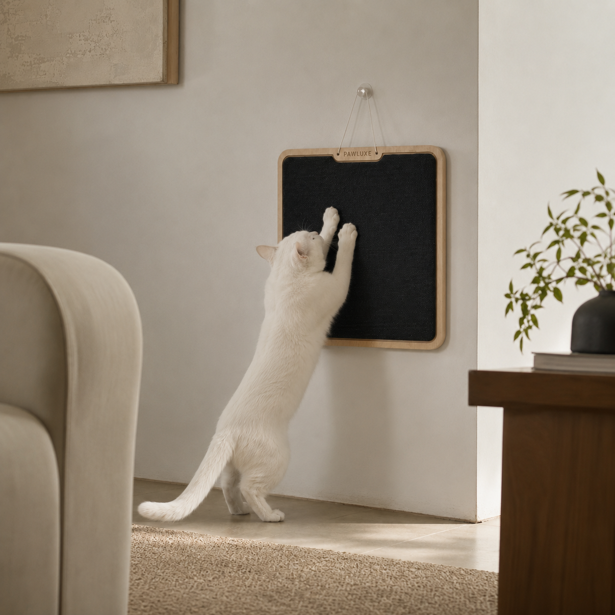 PawLuxe TERRA scratching board hung on a wall by its cord, a white cat reaching up to scratch the carpet surface.