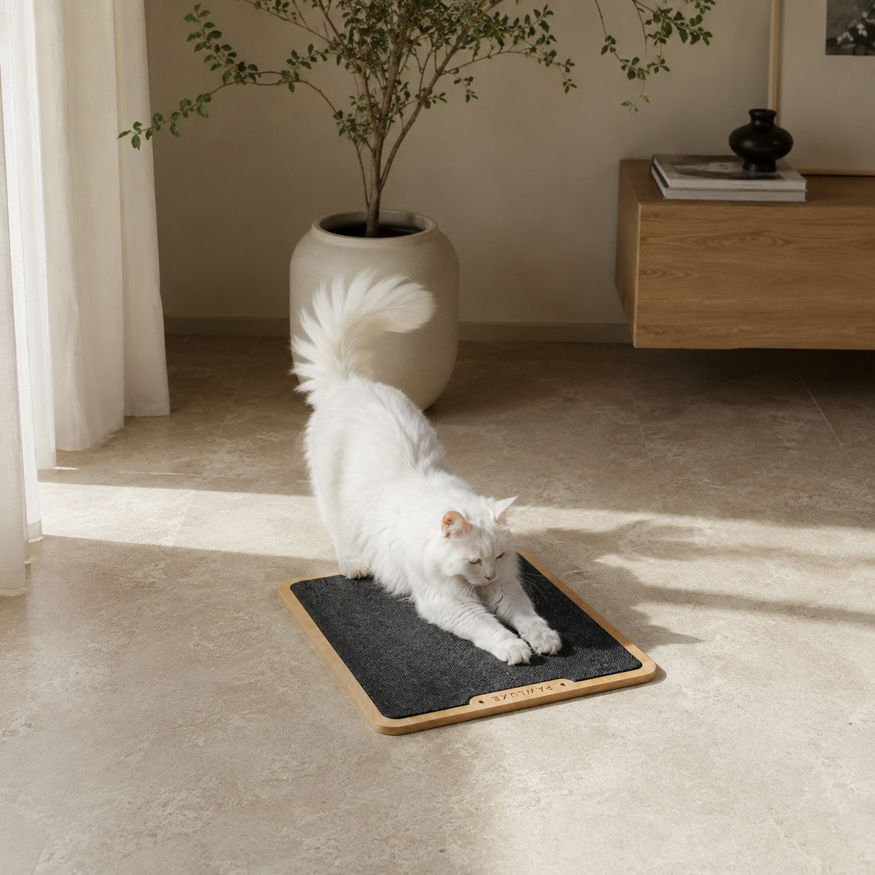 The PawLuxe TERRA scratcher lying flat on a stone floor, a white long-haired cat stretched over the carpet board.