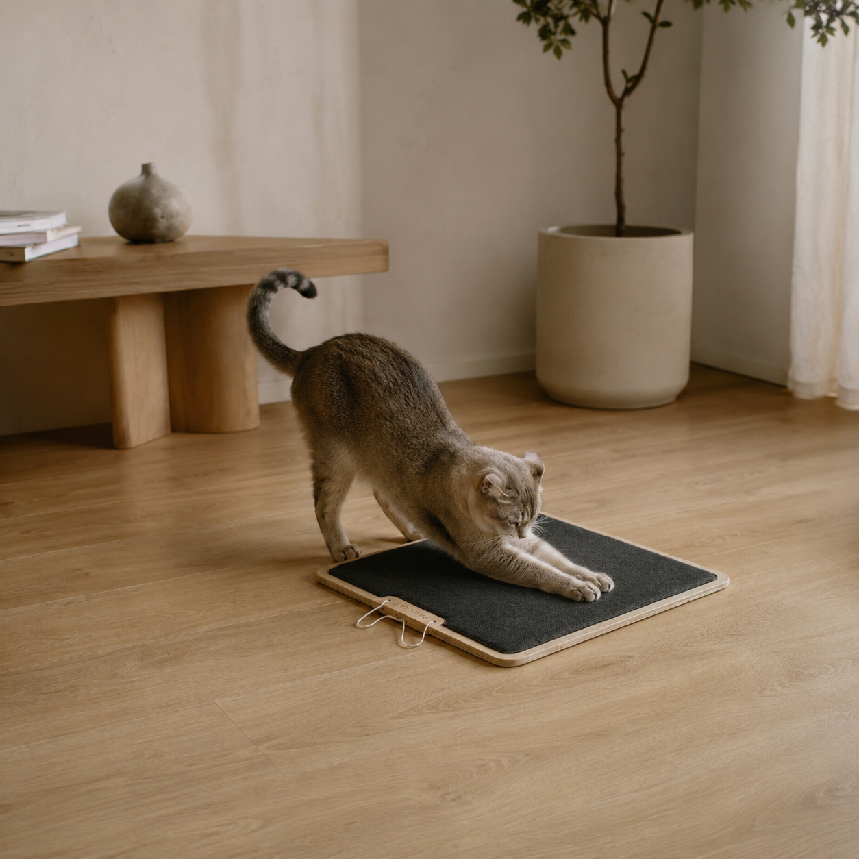 PawLuxe TERRA cat scratcher on a wood floor, a grey cat scratching across the carpet board, its cord at the edge.