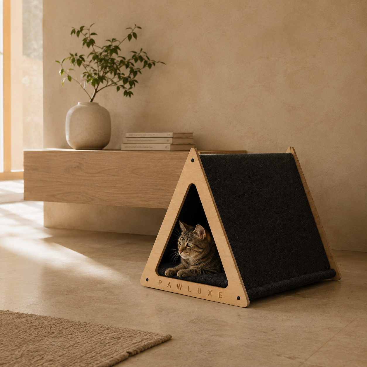TUTO, a modern cat tent bed and small-dog tent, in a warm minimal room.