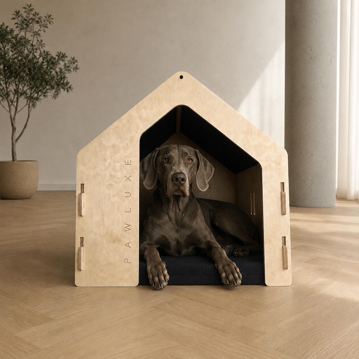 The WINDY house from the side, a modern birch dog house that ships flat, by PawLuxe.
